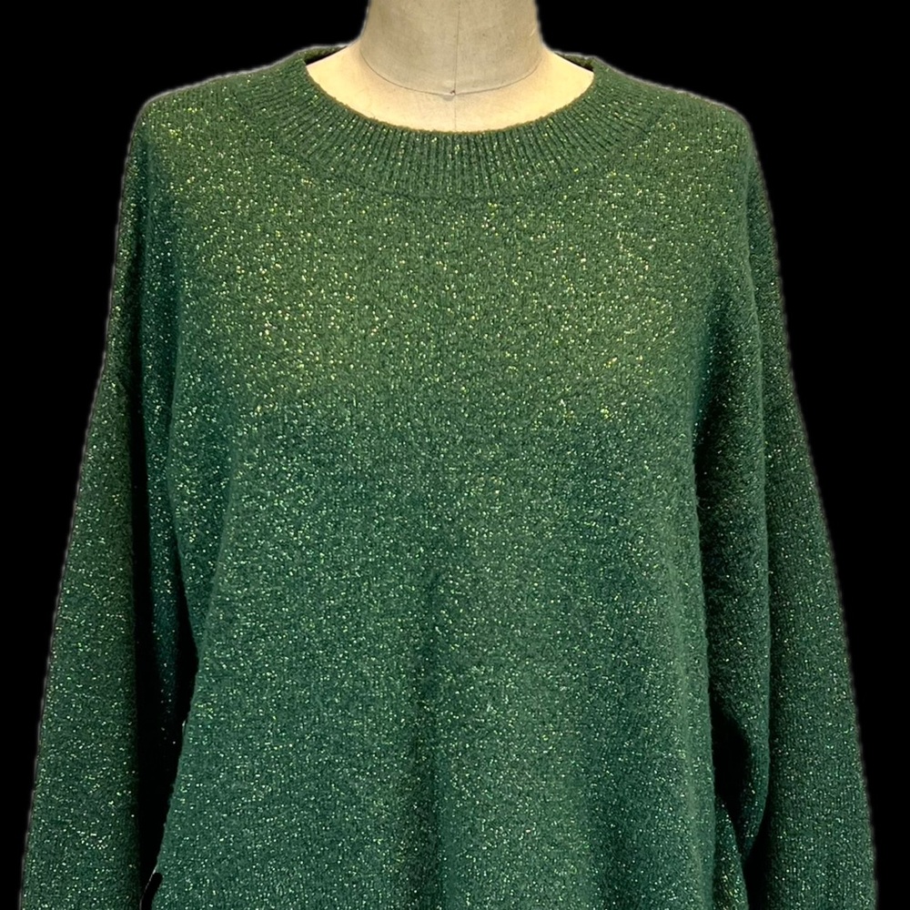 H&M green sparkle glitter metallic knit sweater oversized crewneck soft stretchy